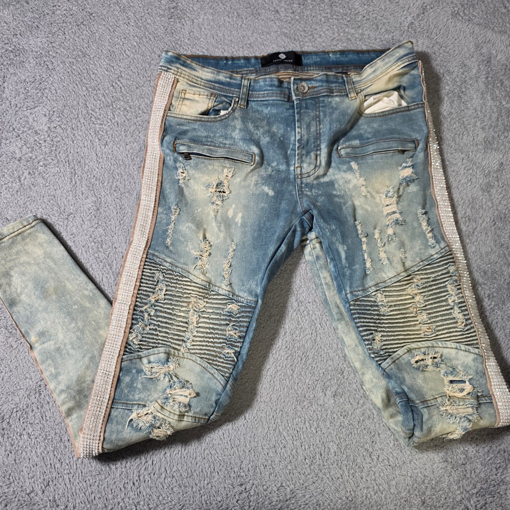 Focus Jeans Mens 36x32 Moto Biker Jeans Blue Acid Wash Rhinestone Distressed